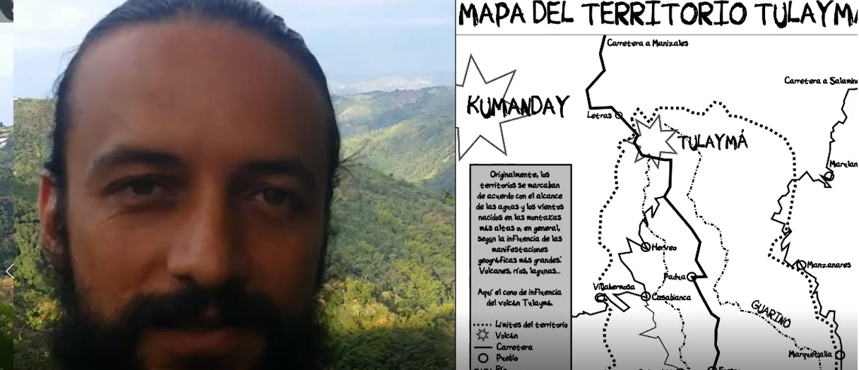 The left side of the image has a man’s face with some green mountains in the background. On the right side is a hand-drawn map showing the region of Tulaymá