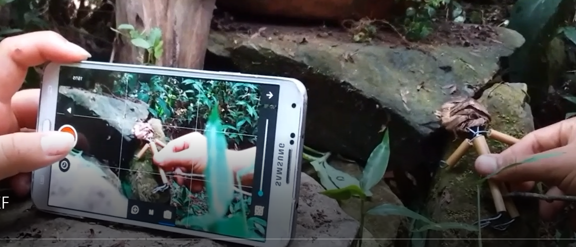 A cellular phone being used to capture a photo of a small sculpture of a person made out of plant material and wire.