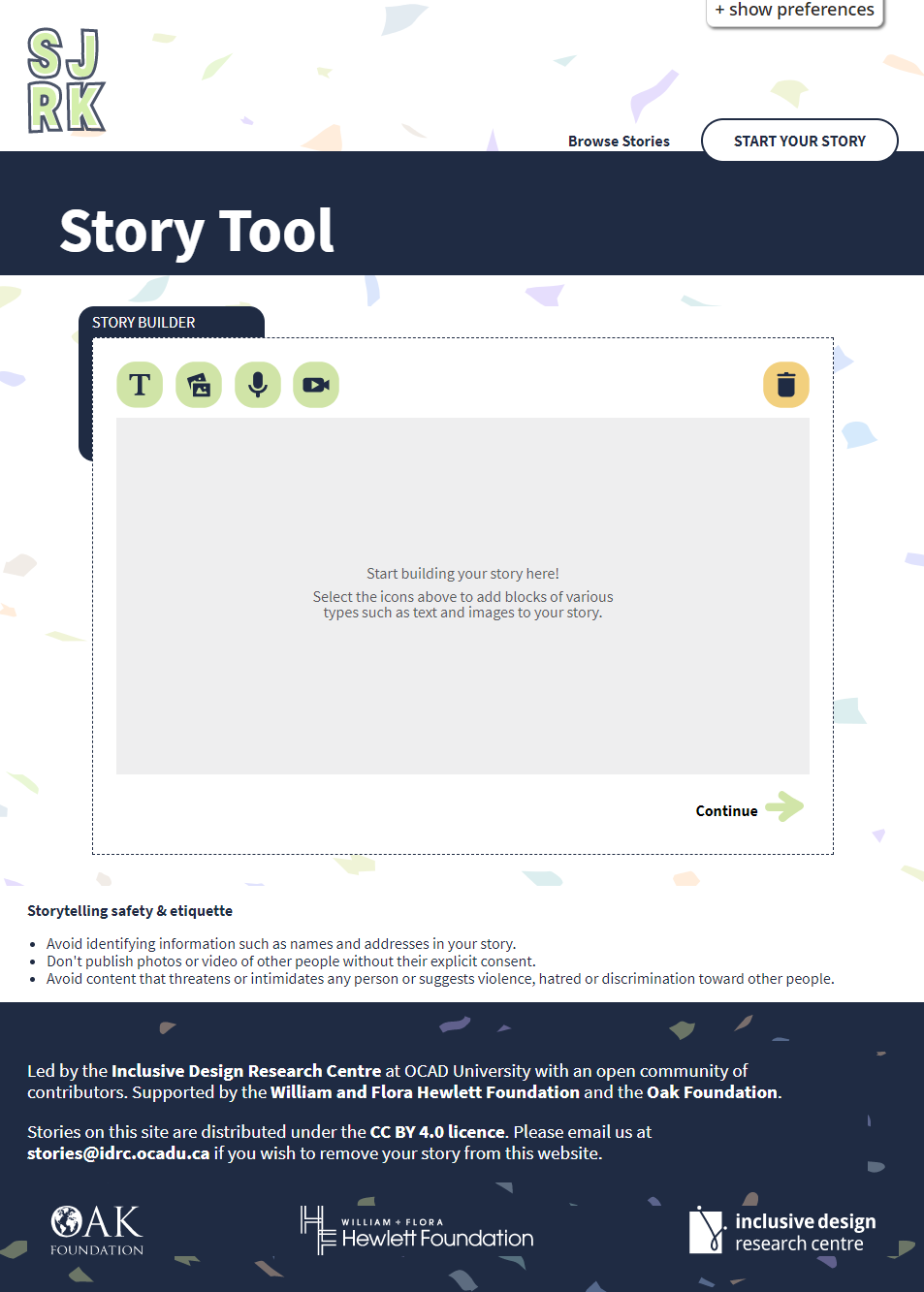 a colourful version of the Storytelling Tool with a design that mimics the SJRK website, including the SJRK logo, the same dark blue accent colour and the multicolour confetti background