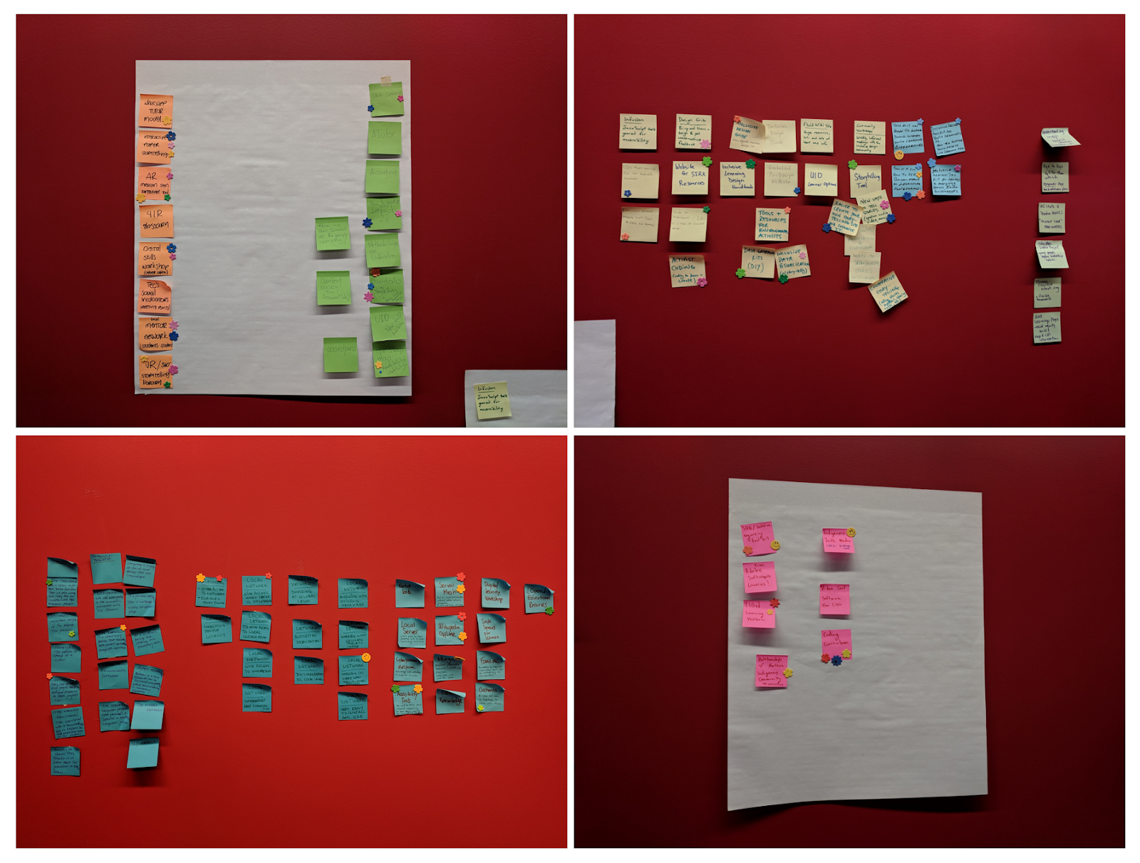 Many brightly coloured sticky notes on a red wall. There is writing on the sticky notes but it’s not legible. 